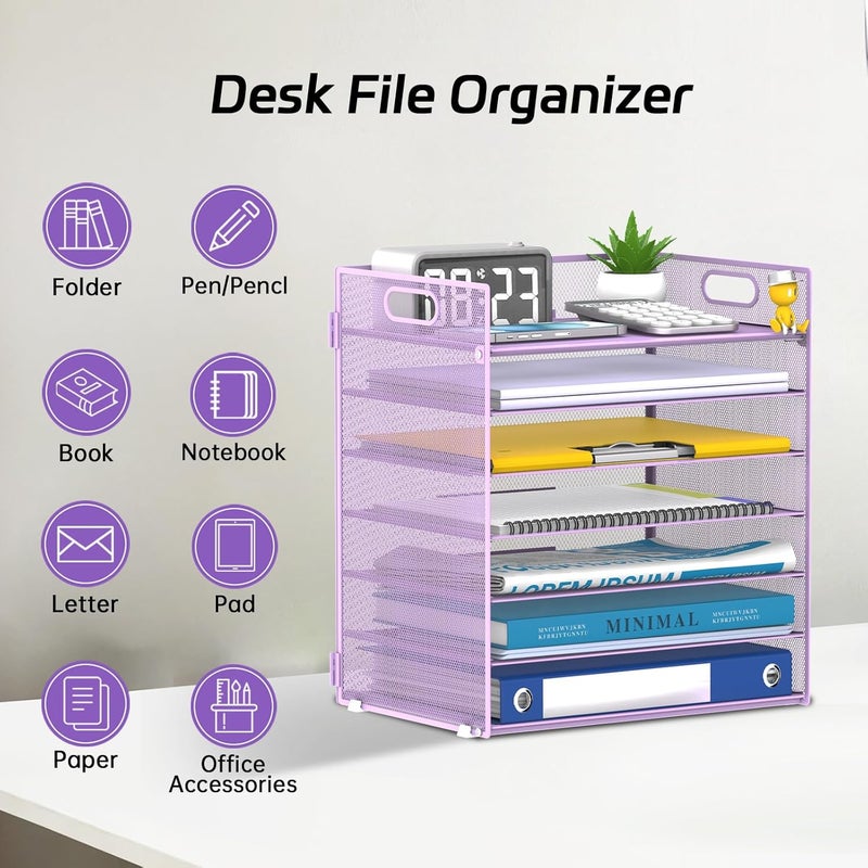 ReePlan 7 Tier Paper Organizer - Mesh Desktop File Holder with Handles for Office School Desk, Black (Purple) - Image 3